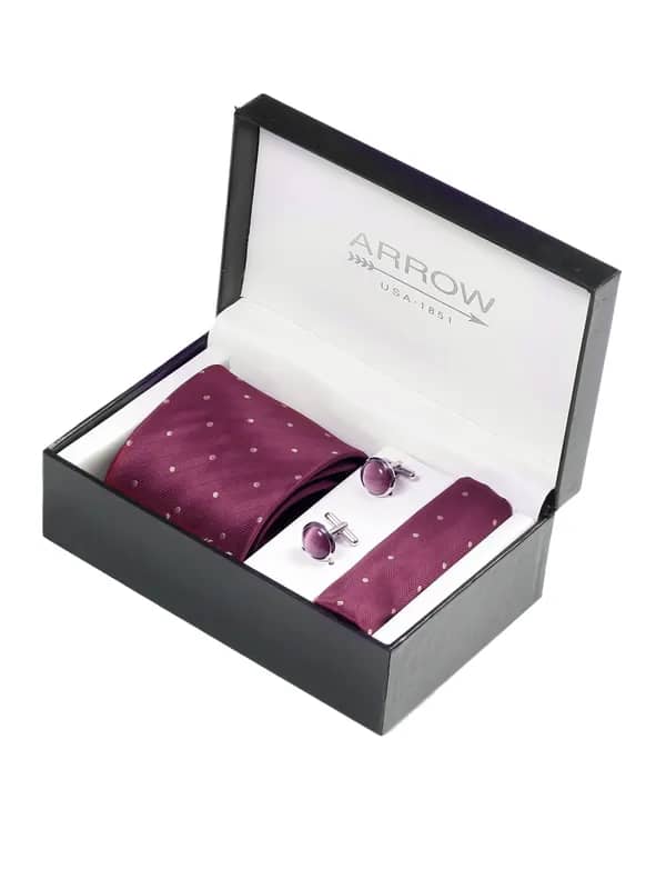 Arrow Men Formal Maroon Tie+Cufflink+Pocket square - Combo Pack