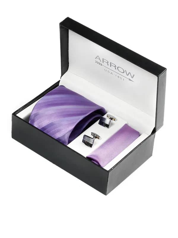 Arrow Men Formal Purple Tie+Cufflink+Pocket square - Combo Pack
