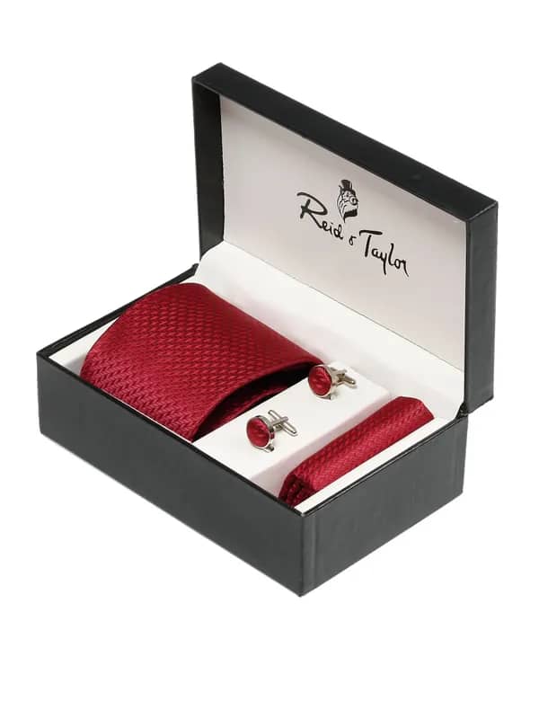 Reid & Taylor Men Formal Maroon Tie+Cufflink+Pocket square - Combo Pack