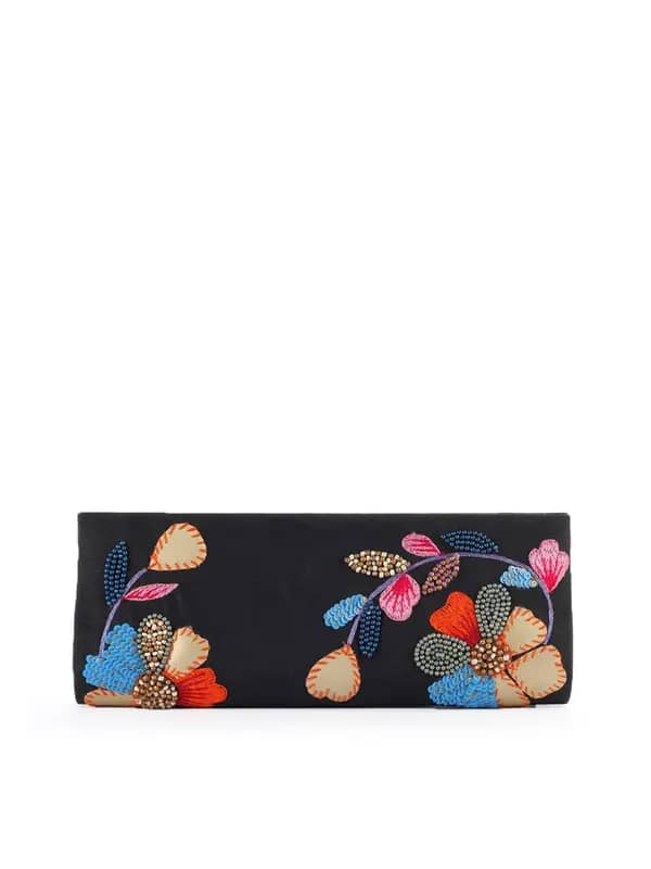 Spice Art Women Flower Embroidery Black Clutch