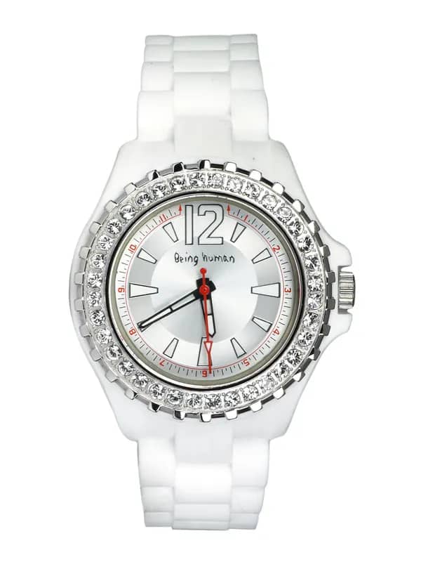 Being Human Women White Silicon Strap Stones Watch