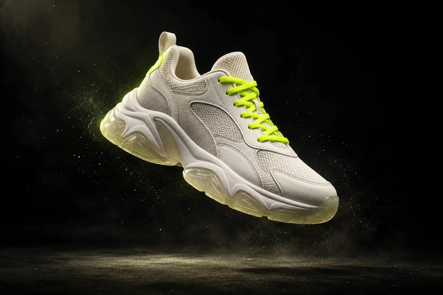 White sneaker with lime laces floating on a dark background