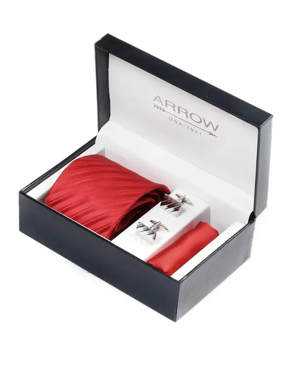 Arrow Men Formal Red Tie+Cufflink+Pocket square - Combo Pack