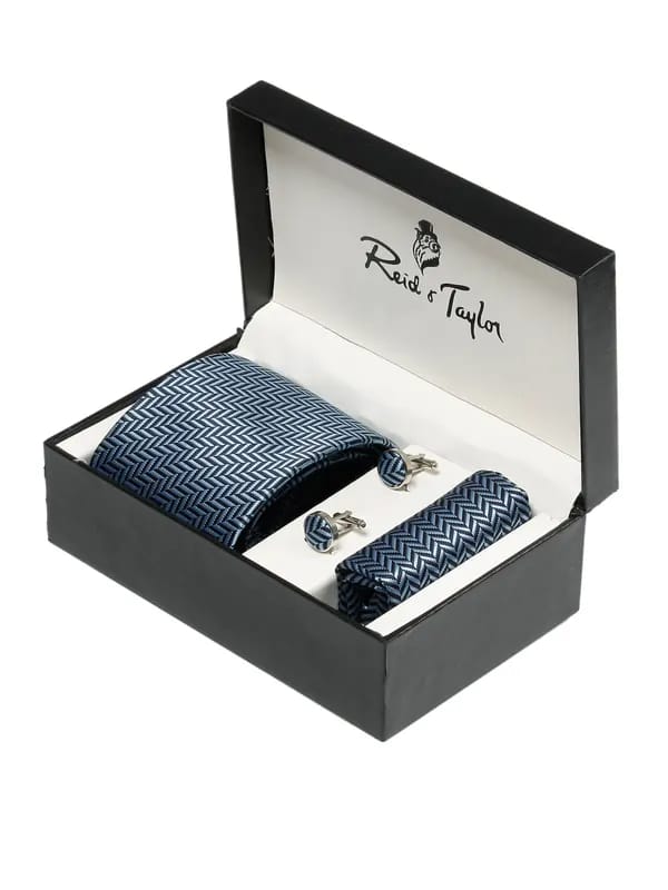 Reid & Taylor Men Formal Blue Tie+Cufflink+Pocket square - Combo Pack