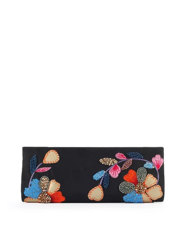 Spice Art Women Flower Embroidery Black Clutch