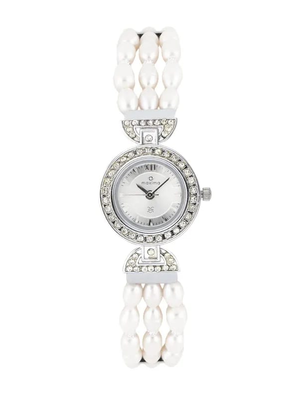 Maxima Women Silver Dial Pearl Strap Watch