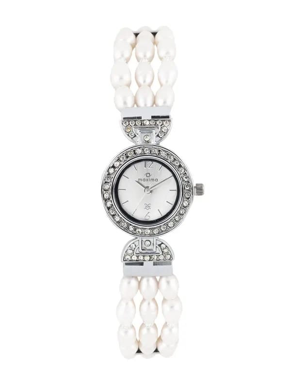 Maxima Women Silver Dial Pearl Strap Watch