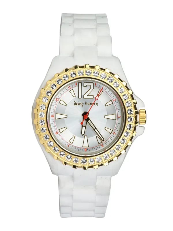 Being Human Women White Silicon Strap Stones Watch